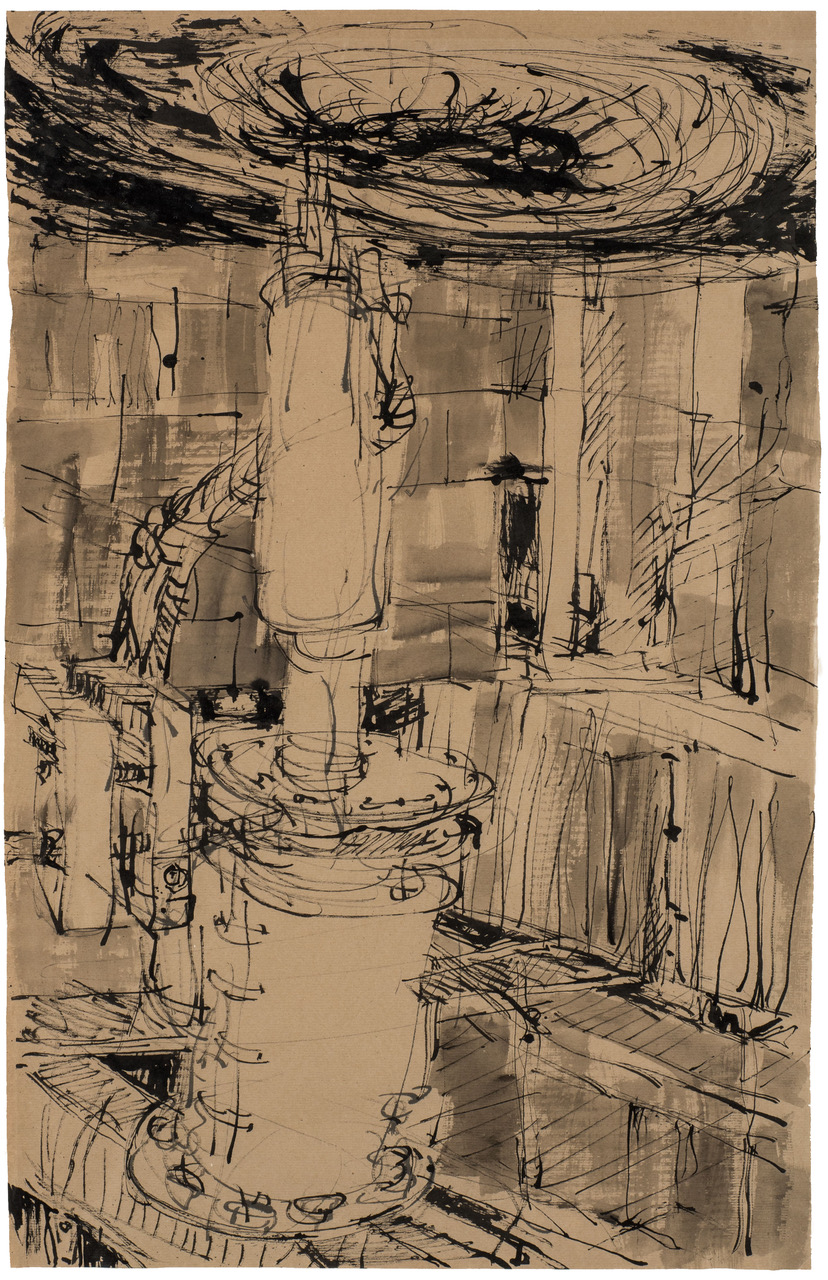 Blick in eine Taifun-Fabrik, 2017 Rohrfeder und Pinsel aufgetöntem Papier 100cmx63cm