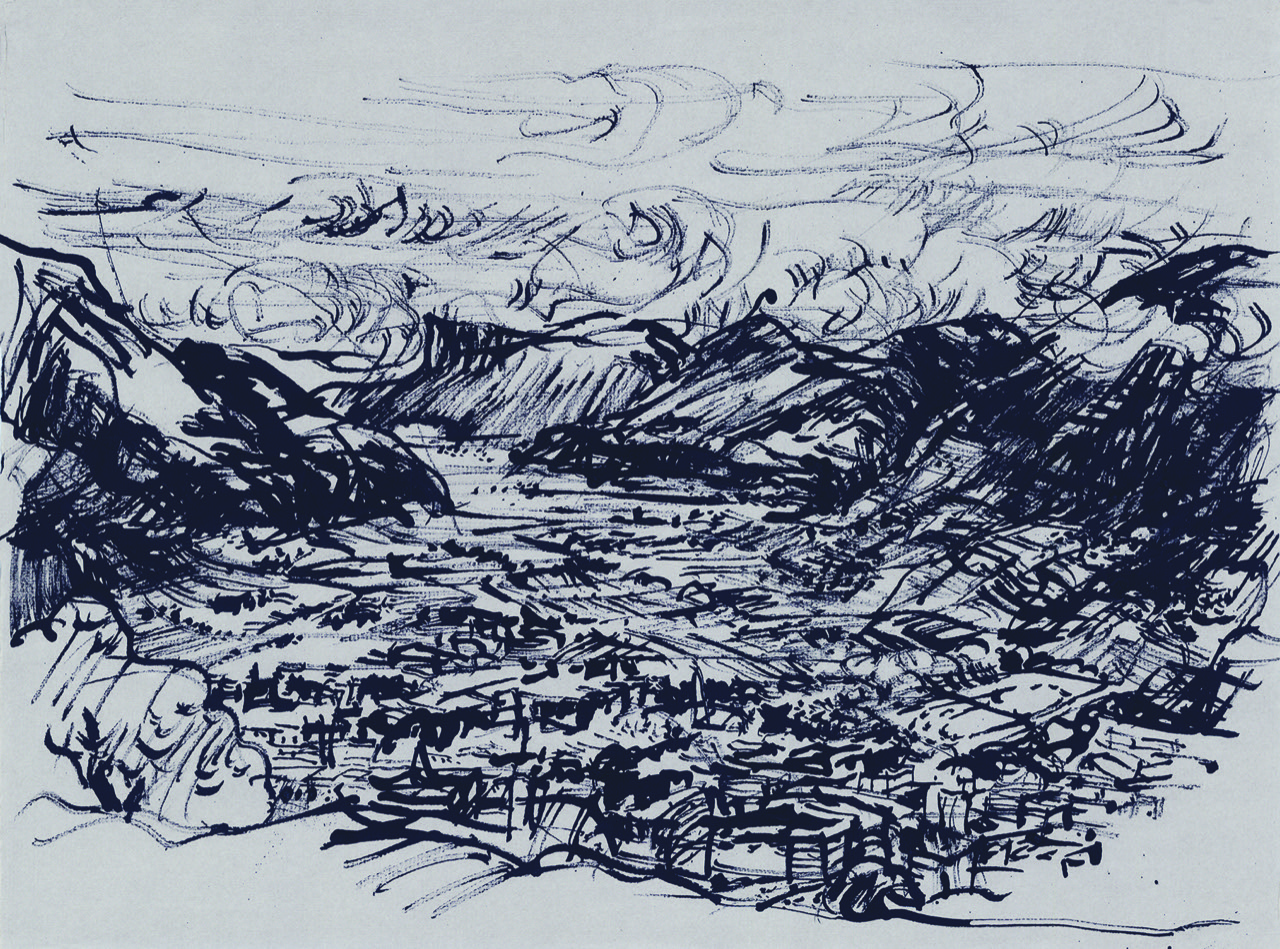 Blick auf Meran Südtirol 2016 Rohrfeder auf getöntem Papier 30x40cm