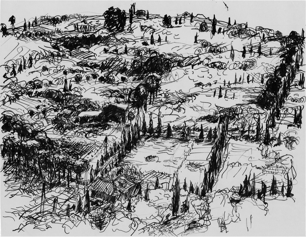 Landschaft bei Massa Maritima 1993 Rohrfeder auf getöntem Papier 75x100 cm